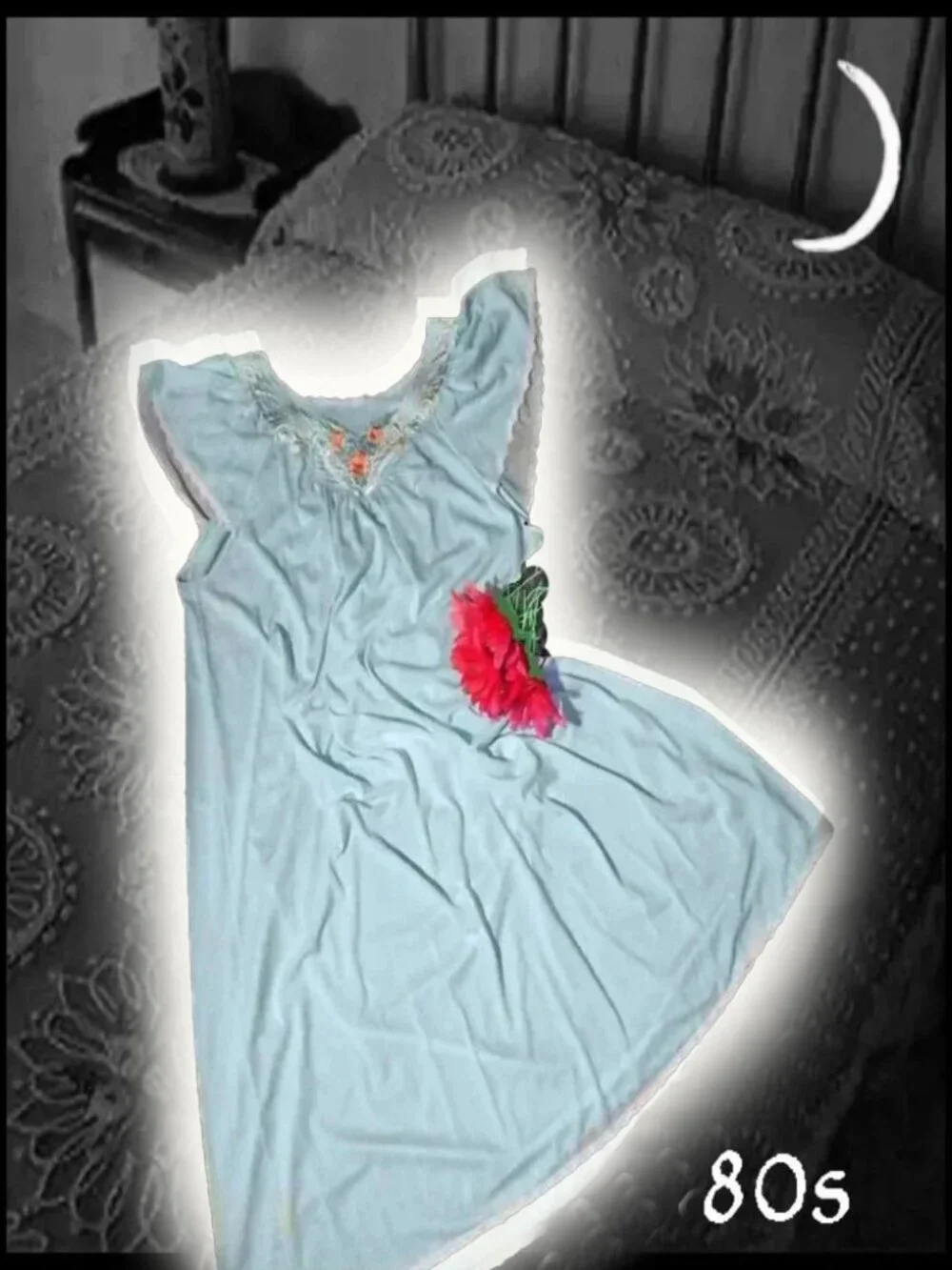 Vintage Nylon Nightgown Aqua Mid Length, SLINKY Shadowline